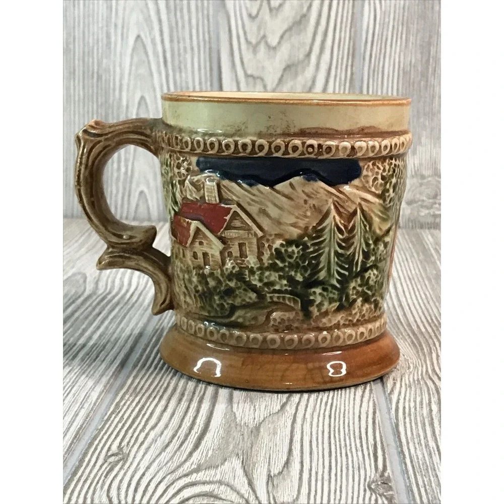 Vintage Ceramic Mustache Stein Relief Scene Cabin Mountains Beer Mug